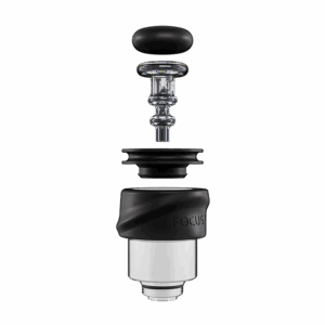 Focus V Control Stick Main Image showing the exploded components (Top to Bottom: Polymer Cap, Stainless Steel joystick, grommet, polymer atomizer attachment, and the atomizer that isn't included)