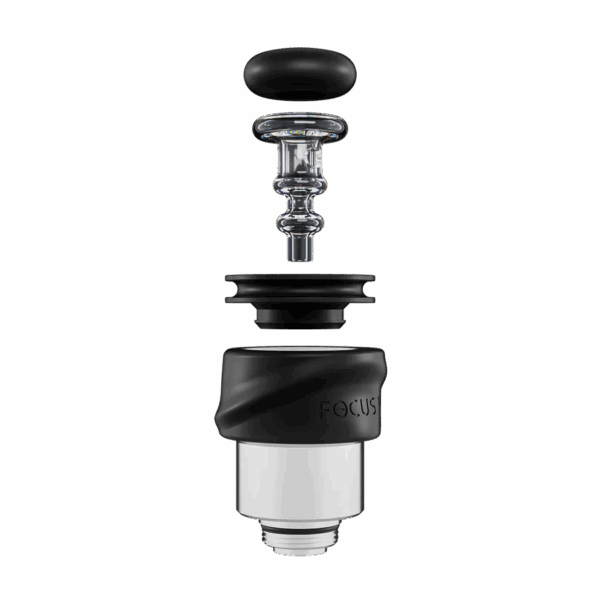 Focus V Control Stick Main Image showing the exploded components (Top to Bottom: Polymer Cap, Stainless Steel joystick, grommet, polymer atomizer attachment, and the atomizer that isn't included)